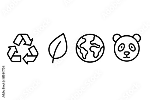 Eco icon outline set. Environmental and ecological symbols for conservation. Recycling logo, green leaf, planet earth, endangered animal. Vector sustainability concept.