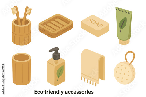 Eco bathroom accessories isometric icon set. Zero waste hygiene products like bamboo toothbrush, wooden soap dish, natural soap, cream. Sustainable lifestyle vector items.