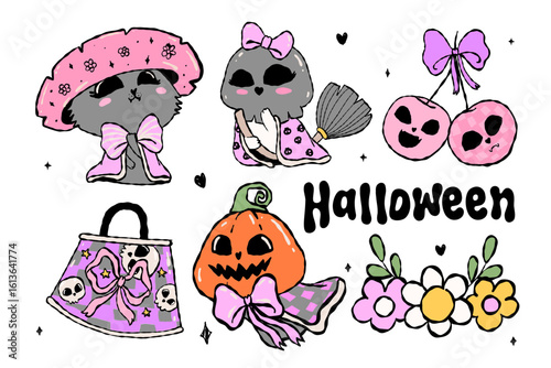 Cute Halloween cats in pastel costumes the purrfect spooky sweet vibe. Vector illustration.