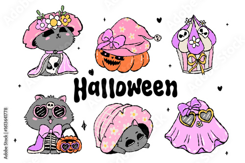 Cute Halloween cats in pastel costumes the purrfect spooky sweet vibe. Vector illustration.