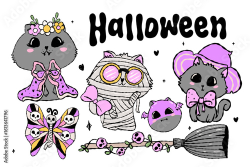 Cute Halloween cats in pastel costumes the purrfect spooky sweet vibe. Vector illustration.