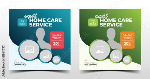 Creative medical social media post layout design for home care services, patient assistance, nursing care, and elderly treatment