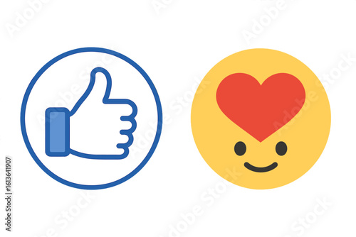 Social media like and heart reaction icons. Thumbs up and love emoji face buttons for user feedback. Vector graphic element for UI design, app, and web interface.
