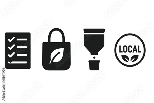 Eco shopping icons set. Solid glyph vector illustration of responsible consumption. Includes a shopping list, reusable tote bag, bulk food bin, and a local product label.
