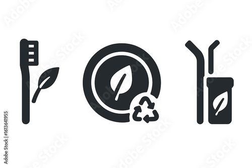 Eco friendly icon set with solid glyphs. Zero waste lifestyle concept with sustainable products. Bamboo toothbrush, biodegradable plate, and reusable metal straw symbols.