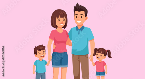 Cartoon family portrait Smiling parents with two children holding hands.