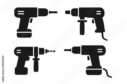 Electric drill icon set. Solid filled glyph silhouette collection of power tools. Cordless, corded, and hammer drill with battery for construction, repair, or DIY projects.