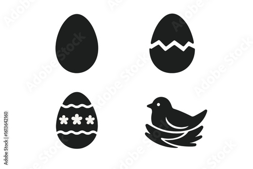 Egg icon vector set. Solid glyph collection of egg symbolism. Includes whole egg, cracked shell, painted easter egg and bird nesting in a nest. New life, spring concept.
