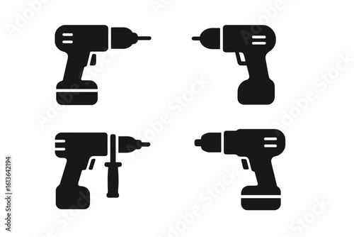 Electric drill solid glyph icon set. Power tools silhouettes. Cordless, corded, hammer drill, screwdriver with battery. Construction, repair, DIY, workshop, carpentry vector.
