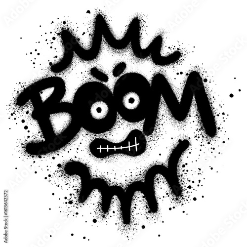 Boom graffiti text that resembles an angry emoji sprayed with black spray paint