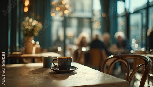 A cozy cafe scene, warm sunlight on a table