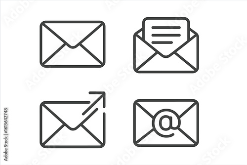 Mail icons set for email communication. Vector line art illustrations of sending, receiving, and reading messages. Symbols for web design, app UI, and business correspondence.