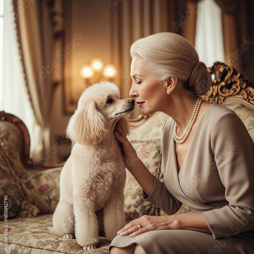 Mulher sênior elegante com colar de pérolas demonstrando carinho por seu cão Poodle em um sofá de luxo em uma sala clássica.