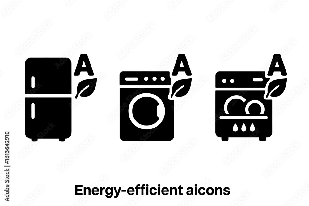 Obraz premium Energy efficient appliance icon set. Eco friendly home equipment. Refrigerator, washing machine, dishwasher symbols. Power saving, sustainable living vector illustration.
