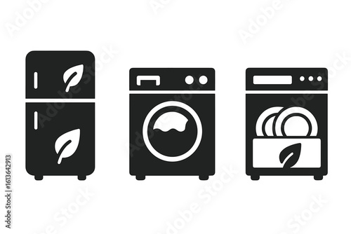 Energy-efficient appliance icon set. Solid glyph icons of eco-friendly home electronics. Refrigerator, washing machine, dishwasher. Green energy saving sustainability concept.