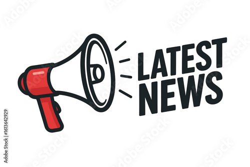 Latest news announcement with a red megaphone icon. Loudspeaker for breaking news, broadcast, alert. Communication, marketing, and promotion vector symbol illustration.