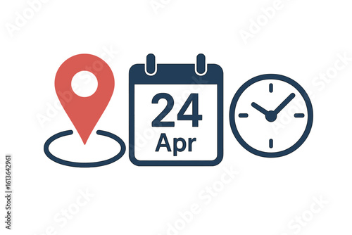 Location, date, time icon set for event, schedule, and appointment reminder. Vector map pin, calendar and clock symbols for planning, management, and deadline concept.