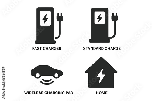 EV charging solid icon set. Vector glyphs of electric car charge points. Pictograms for fast charger, standard charge, wireless charging pad, and home power station.