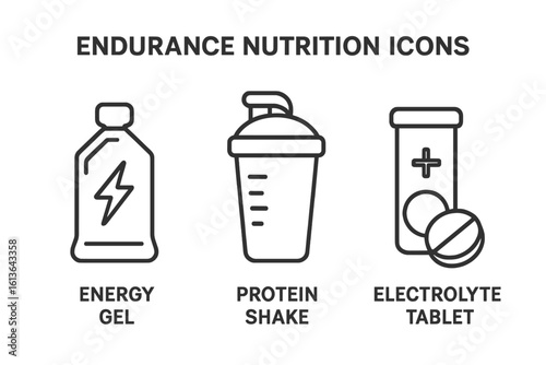 Endurance nutrition icon set. Sports supplement vector line icons. Energy gel, protein shake, electrolyte tablet. Fitness, athlete, workout, training illustration.