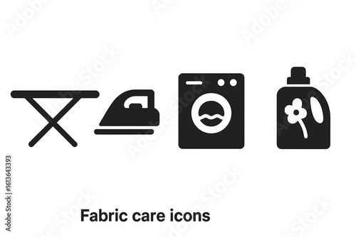 Fabric care and laundry icons set. Solid glyph pictograms collection of household chores symbols like washing machine, iron, ironing board, fabric softener and detergent.