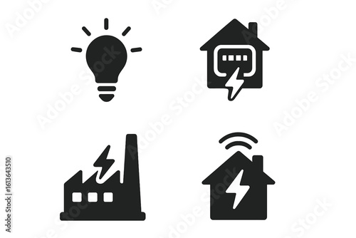 Energy icons set. Solid glyph pictograms of electricity consumption. Light bulb, home energy meter, factory power usage, and smart home technology. Vector illustration.