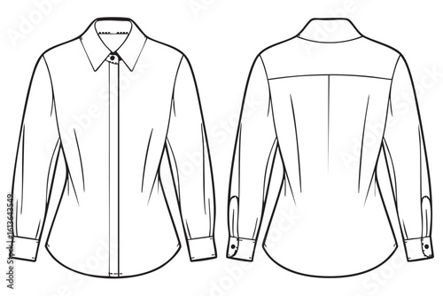 Black and white technical illustration of a women's long sleeve collared shirt front and back fashion