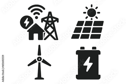Energy management solid icon set. Glyph vector symbols for renewable power. Smart grid, solar panel, wind turbine, battery storage. Sustainable electricity generation.