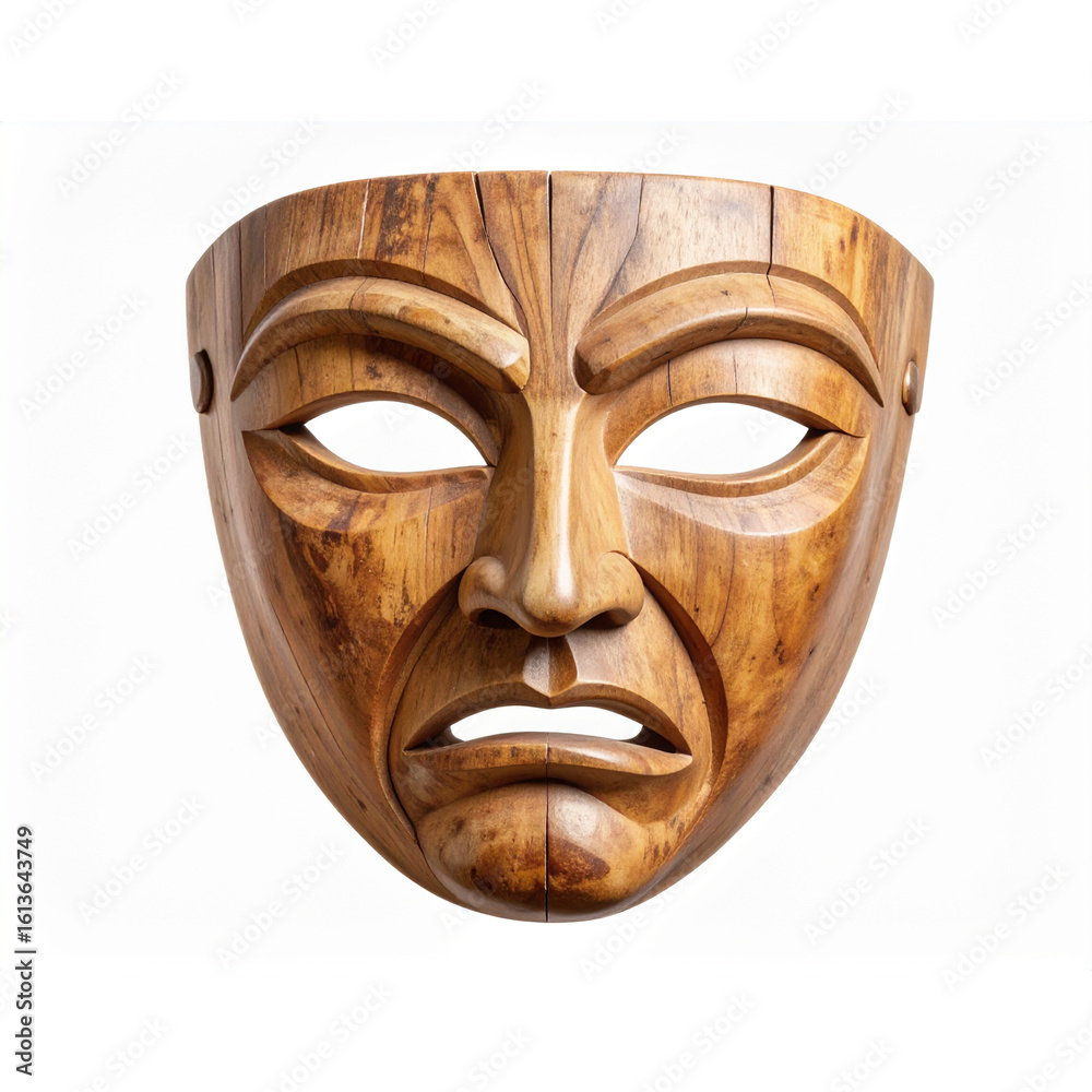 Weathered wooden greek theater mask expressing dramatic emotion, symbolizing classical performing arts, rendered against transparent background Weathered wooden greek theater mask expressing dramatic emotion, symbolizing classical performing arts, rendered against transparent background