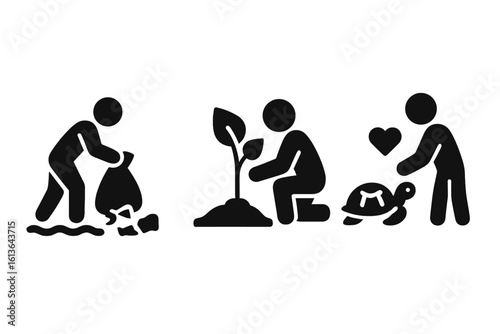 Environmental volunteering icon set. Solid glyph pictograms of beach cleanup, tree planting and wildlife conservation. Ecology and community service vector illustrations.