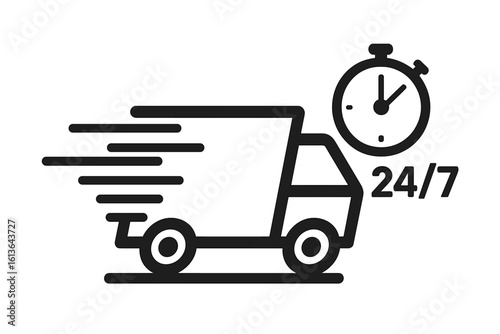 Fast delivery truck icon. Express shipping. 24/7 service. Online order and logistics concept. Quick move cargo van. Transport symbol for website and mobile app. Stopwatch.