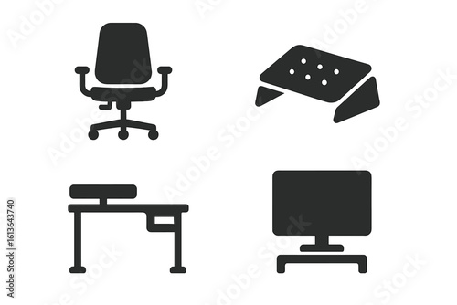 Ergonomic office equipment icon set. Solid vector glyphs of adjustable chair, computer desk, footrest, and monitor stand. Workplace ergonomics and home office setup concept.