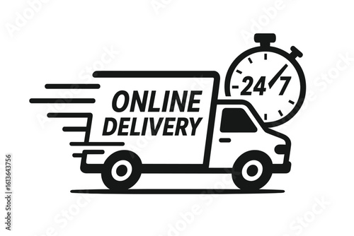 Fast delivery truck icon for online shopping and express shipping services. 24/7 delivery concept with a cargo van moving fast. Logistics and transport vector logo.