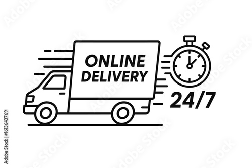 Fast delivery truck icon. Express online shipping service 24/7. Logistics and transport concept. Quick cargo van with chronometer. E-commerce order symbol vector line art.