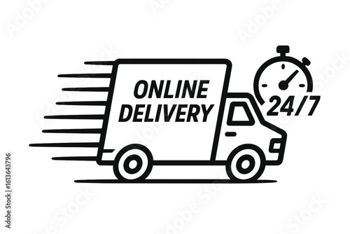 Fast delivery truck with motion lines and chronometer timer, express online shipping cargo van symbol, quick move logistics, fast freight transportation, speedy parcel service