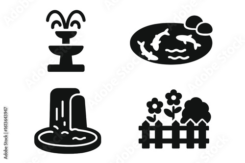Estate water features solid glyph icons set. Central fountain, koi pond with fish, small waterfall, and garden fence with flowers. Landscaping and park decoration elements.