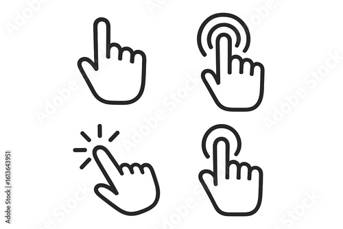 Hand pointer clicking finger vector icon set. Touch screen gesture symbol collection. Click, tap, and press button for website or mobile app UI UX interface design.