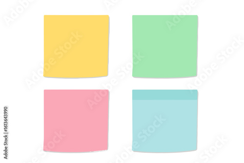 Colorful sticky notes set. Blank paper memo stickers. Empty post-it notes collection for office reminders or messages. Vector illustration isolated on white background.