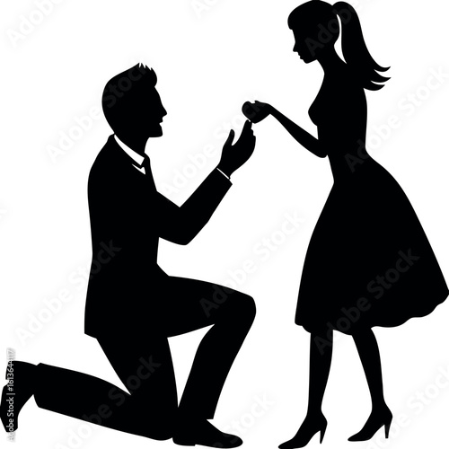 Vector art of a silhouette of a man proposing to a woman, capturing the essence of love, commitment, and the promise of marriage