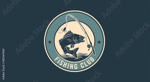 Emblem of a leaping fish with a fishing rod and hook encircled by a Fishing Club inscription.