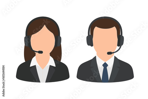 Call center customer service operator with headset. Male and female agent avatar icon set. Hotline support, telemarketing consultant character. Business communication vector.