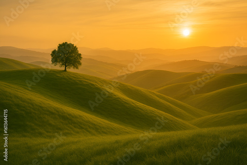Serene Sunset Over Rolling Hills with Lone Tree
