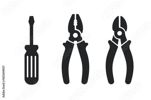 Electrical tools solid icon set. Vector glyph symbols for electrician repair service. Black silhouette of screwdriver, pliers, wire cutter. Handyman equipment illustration.
