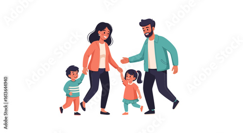 Happy Family Walking Together Parents Holding Hands of Their Two Children.