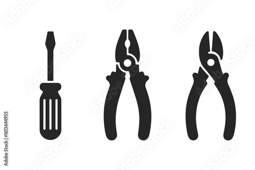 Electrical tools icon set. Solid glyph icons for electricians. Screwdriver, pliers, wire cutter symbols. Repair and maintenance equipment. Vector industrial handyman kit.
