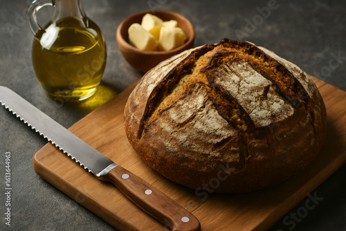 Rustic Artisan Bread on Cutting Board with Butter and Olive Oil