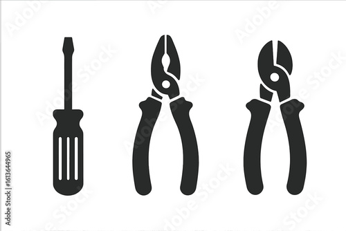 Electrical tools icon set. Solid glyph symbols for electrician repair service. Vector illustration of screwdriver, pliers, and wire cutters. Workshop equipment isolated on white.