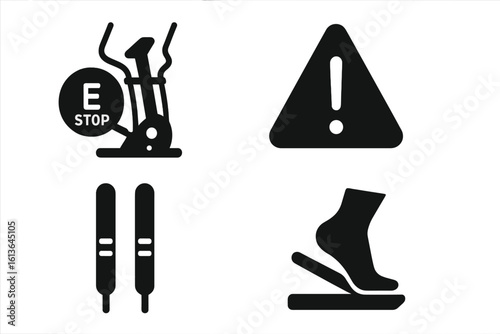 Elliptical safety icons collection. Solid filled vector pictogram set for gym equipment. Emergency stop button, warning sign, handle grip, foot pedal for fitness machine.