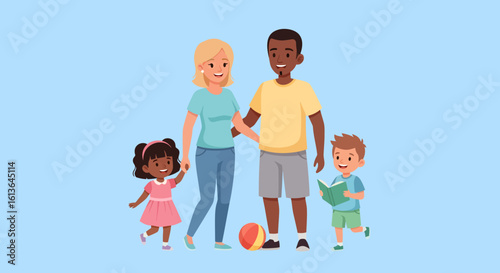 Happy Interracial Family with Two Children Playing with a Ball and Reading.