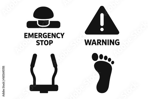 Elliptical machine safety icon set. Solid vector glyphs for user manuals. Emergency stop button, warning sign, grip handle and foot placement pictogram symbols.