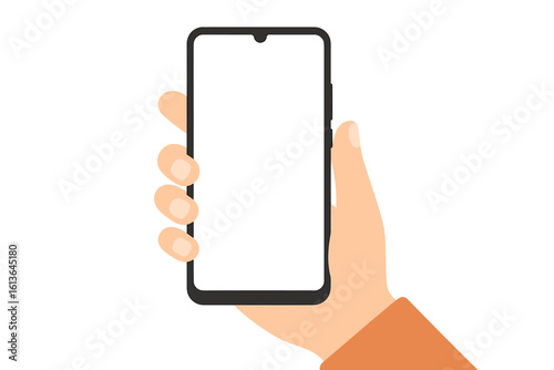 Set of hands holding modern black smartphones with empty blank screen. Mobile phone display mockup for UI and UX app presentation. Vector flat design template illustration.